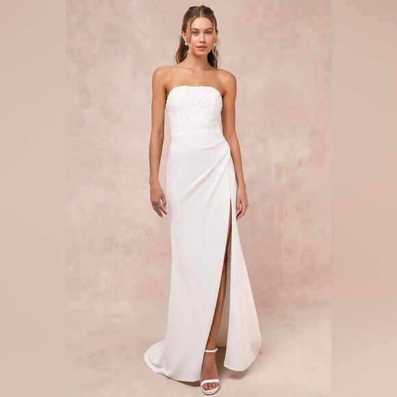 Lulu's Dresses & Skirts - Lulus Refined Glow White 3D Embroidered Sequin Strapless Maxi Dress